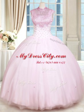 Beading Sweet 16 Dress Baby Pink Lace Up Sleeveless Floor Length