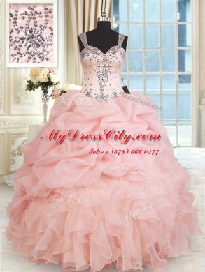 Straps Sleeveless Zipper Floor Length Beading and Ruffles and Pick Ups Quinceanera Gowns