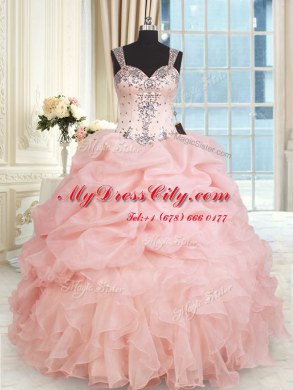 Straps Sleeveless Zipper Floor Length Beading and Ruffles and Pick Ups Quinceanera Gowns