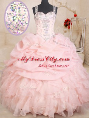 Straps Sleeveless Quinceanera Dress Floor Length Beading and Ruffles and Pick Ups Baby Pink Organza