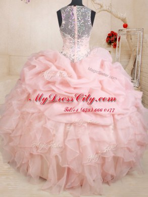 Straps Sleeveless Quinceanera Dress Floor Length Beading and Ruffles and Pick Ups Baby Pink Organza