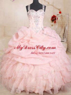 Straps Sleeveless Quinceanera Dress Floor Length Beading and Ruffles and Pick Ups Baby Pink Organza