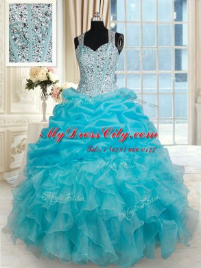 Dramatic Straps Aqua Blue Zipper Quince Ball Gowns Beading and Ruffles and Pick Ups Sleeveless Floor Length