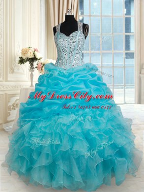 Dramatic Straps Aqua Blue Zipper Quince Ball Gowns Beading and Ruffles and Pick Ups Sleeveless Floor Length