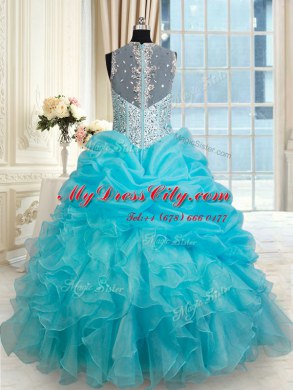 Dramatic Straps Aqua Blue Zipper Quince Ball Gowns Beading and Ruffles and Pick Ups Sleeveless Floor Length
