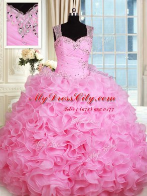 Straps Rose Pink Zipper Sweet 16 Dresses Beading and Ruffles Sleeveless Floor Length