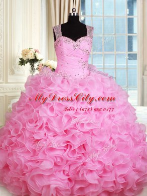 Straps Rose Pink Zipper Sweet 16 Dresses Beading and Ruffles Sleeveless Floor Length