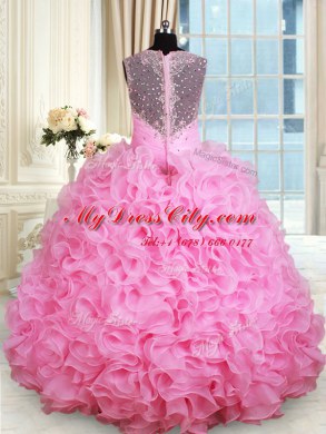 Straps Rose Pink Zipper Sweet 16 Dresses Beading and Ruffles Sleeveless Floor Length