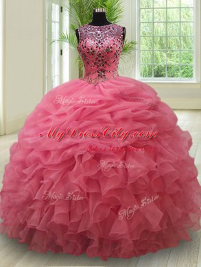 Scoop See Through Floor Length Lace Up Quinceanera Gowns Pink for Military Ball and Sweet 16 and Quinceanera with Beading and Ruffles and Pick Ups