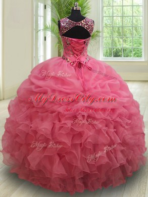 Scoop See Through Floor Length Lace Up Quinceanera Gowns Pink for Military Ball and Sweet 16 and Quinceanera with Beading and Ruffles and Pick Ups