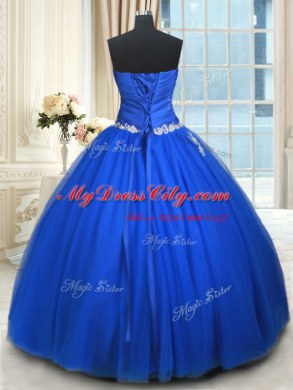 Floor Length Ball Gowns Sleeveless Blue Quinceanera Gown Lace Up