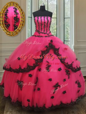 Best Selling Strapless Sleeveless Lace Up Quince Ball Gowns Hot Pink Tulle