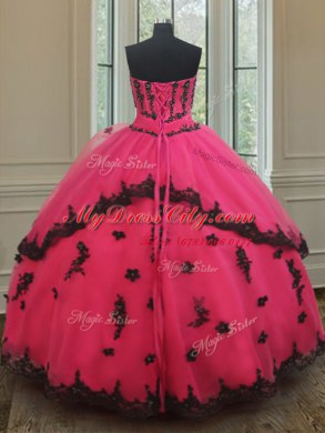 Best Selling Strapless Sleeveless Lace Up Quince Ball Gowns Hot Pink Tulle