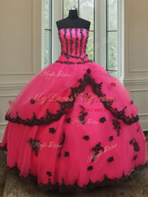 Best Selling Strapless Sleeveless Lace Up Quince Ball Gowns Hot Pink Tulle