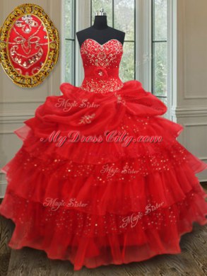 Sequins Pick Ups Ruffled Floor Length Ball Gowns Sleeveless Red Vestidos de Quinceanera Lace Up