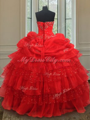 Sequins Pick Ups Ruffled Floor Length Ball Gowns Sleeveless Red Vestidos de Quinceanera Lace Up