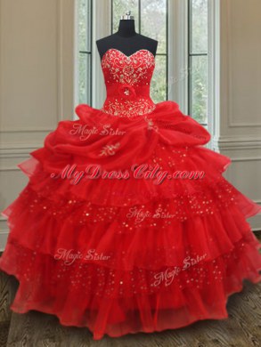Sequins Pick Ups Ruffled Floor Length Ball Gowns Sleeveless Red Vestidos de Quinceanera Lace Up