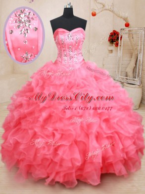 Hot Selling Pink Lace Up Sweet 16 Quinceanera Dress Beading and Ruffles Sleeveless Floor Length