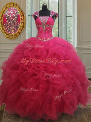 Pretty Hot Pink Tulle Lace Up Square Cap Sleeves Floor Length Sweet 16 Quinceanera Dress Beading and Ruffles