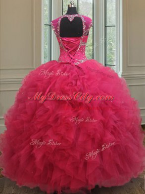 Pretty Hot Pink Tulle Lace Up Square Cap Sleeves Floor Length Sweet 16 Quinceanera Dress Beading and Ruffles