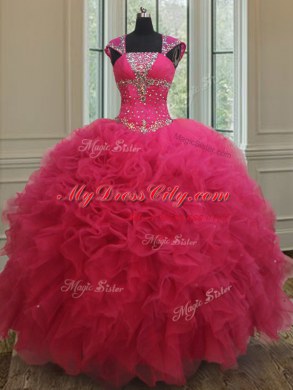 Pretty Hot Pink Tulle Lace Up Square Cap Sleeves Floor Length Sweet 16 Quinceanera Dress Beading and Ruffles