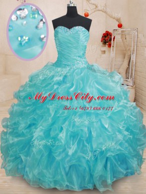 Aqua Blue Lace Up Sweet 16 Dress Beading and Ruffles Sleeveless Floor Length