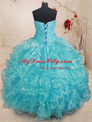 Aqua Blue Lace Up Sweet 16 Dress Beading and Ruffles Sleeveless Floor Length