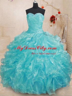 Aqua Blue Lace Up Sweet 16 Dress Beading and Ruffles Sleeveless Floor Length