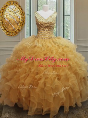 Fabulous Organza V-neck Sleeveless Zipper Beading and Ruffles 15 Quinceanera Dress in Gold