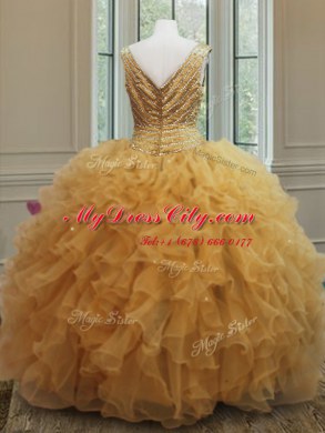 Fabulous Organza V-neck Sleeveless Zipper Beading and Ruffles 15 Quinceanera Dress in Gold