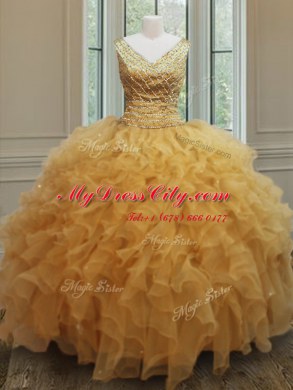 Fabulous Organza V-neck Sleeveless Zipper Beading and Ruffles 15 Quinceanera Dress in Gold
