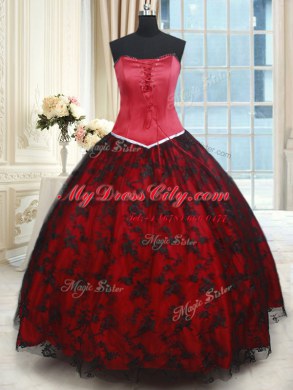 Romantic Black and Red Sleeveless Lace Floor Length Quinceanera Gowns