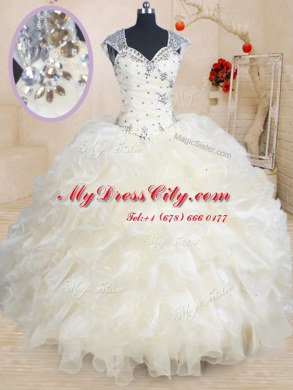 Ball Gowns Sweet 16 Dresses Champagne Straps Organza Cap Sleeves Floor Length Zipper
