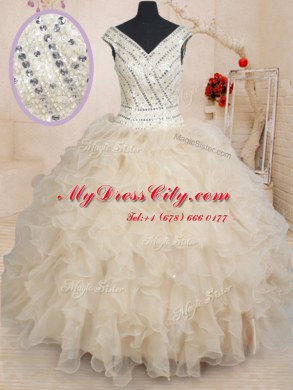 Fitting Sequins Floor Length Champagne Vestidos de Quinceanera V-neck Cap Sleeves Zipper
