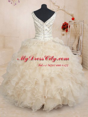 Fitting Sequins Floor Length Champagne Vestidos de Quinceanera V-neck Cap Sleeves Zipper