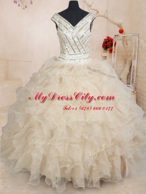 Fitting Sequins Floor Length Champagne Vestidos de Quinceanera V-neck Cap Sleeves Zipper