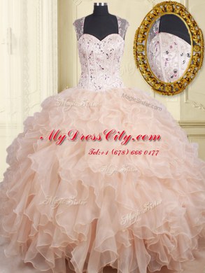 Modern Pink Ball Gowns Organza Straps Cap Sleeves Beading and Ruffles Floor Length Zipper Ball Gown Prom Dress