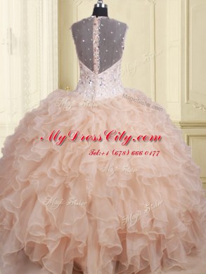 Modern Pink Ball Gowns Organza Straps Cap Sleeves Beading and Ruffles Floor Length Zipper Ball Gown Prom Dress