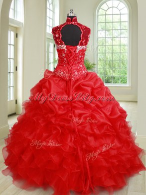 Pick Ups See Through Red Sleeveless Organza Lace Up Quinceanera Dress for Military Ball and Sweet 16 and Quinceanera
