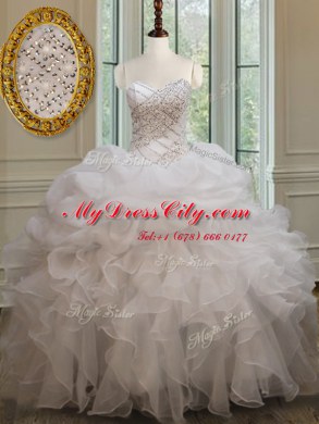 Popular White Sleeveless Floor Length Beading and Ruffles and Pick Ups Lace Up Quinceanera Dresses