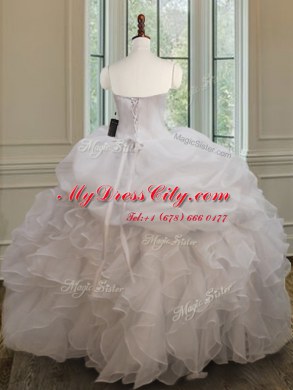 Popular White Sleeveless Floor Length Beading and Ruffles and Pick Ups Lace Up Quinceanera Dresses