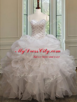 Popular White Sleeveless Floor Length Beading and Ruffles and Pick Ups Lace Up Quinceanera Dresses