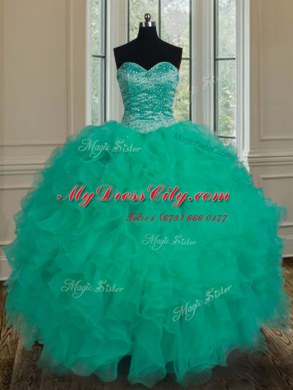Attractive Turquoise Ball Gowns Organza Sweetheart Sleeveless Beading and Ruffles Floor Length Lace Up Quince Ball Gowns