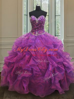 Popular Purple Quinceanera Dress Military Ball and Sweet 16 and Quinceanera and For with Beading and Ruffles and Sequins Sweetheart Sleeveless Lace Up