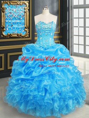Baby Blue Lace Up 15th Birthday Dress Beading and Ruffles and Pick Ups Sleeveless Floor Length