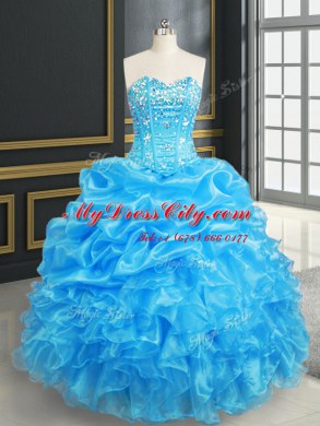 Baby Blue Lace Up 15th Birthday Dress Beading and Ruffles and Pick Ups Sleeveless Floor Length