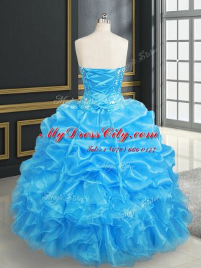 Baby Blue Lace Up 15th Birthday Dress Beading and Ruffles and Pick Ups Sleeveless Floor Length