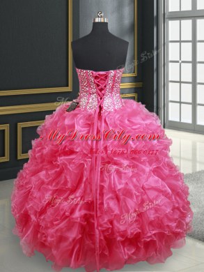 Fitting Hot Pink Ball Gowns Organza Sweetheart Sleeveless Beading and Ruffles Floor Length Lace Up Ball Gown Prom Dress