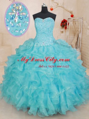Simple Beading and Ruffles Quince Ball Gowns Aqua Blue Lace Up Sleeveless Floor Length
