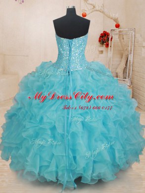 Simple Beading and Ruffles Quince Ball Gowns Aqua Blue Lace Up Sleeveless Floor Length